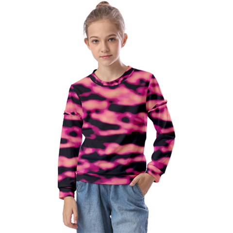 Pink  Waves Abstract Series No2 Kids  Long Sleeve Tee With Frill  by DimitriosArt