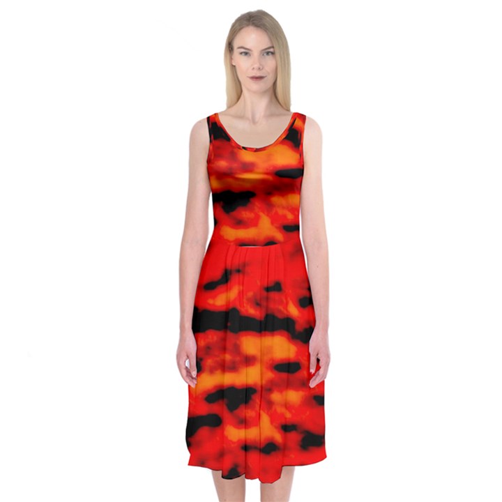 Red  Waves Abstract Series No16 Midi Sleeveless Dress