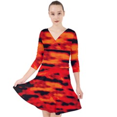 Red  Waves Abstract Series No16 Quarter Sleeve Front Wrap Dress by DimitriosArt