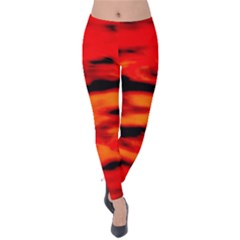 Red  Waves Abstract Series No16 Velvet Leggings by DimitriosArt