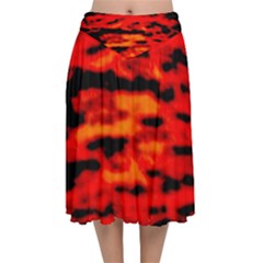 Red  Waves Abstract Series No16 Velvet Flared Midi Skirt by DimitriosArt