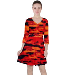 Red  Waves Abstract Series No16 Quarter Sleeve Ruffle Waist Dress by DimitriosArt