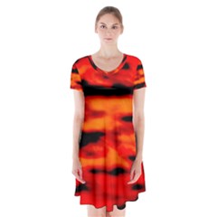 Red  Waves Abstract Series No16 Short Sleeve V-neck Flare Dress by DimitriosArt