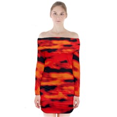 Red  Waves Abstract Series No16 Long Sleeve Off Shoulder Dress by DimitriosArt