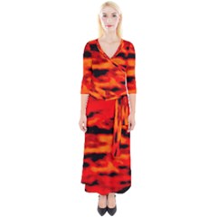 Red  Waves Abstract Series No16 Quarter Sleeve Wrap Maxi Dress by DimitriosArt