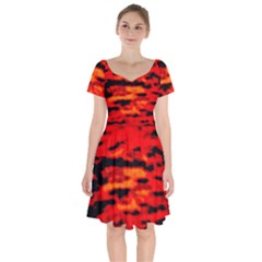 Red  Waves Abstract Series No16 Short Sleeve Bardot Dress by DimitriosArt