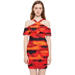 Red  Waves Abstract Series No16 Shoulder Frill Bodycon Summer Dress by DimitriosArt