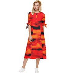 Red  Waves Abstract Series No16 Bow Sleeve Chiffon Midi Dress by DimitriosArt