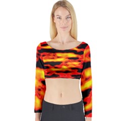 Red  Waves Abstract Series No17 Long Sleeve Crop Top by DimitriosArt