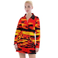 Red  Waves Abstract Series No17 Women s Long Sleeve Casual Dress by DimitriosArt