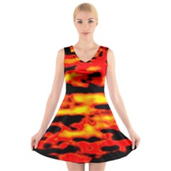 Red  Waves Abstract Series No17 V-neck Sleeveless Dress by DimitriosArt