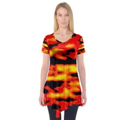 Red  Waves Abstract Series No17 Short Sleeve Tunic  by DimitriosArt