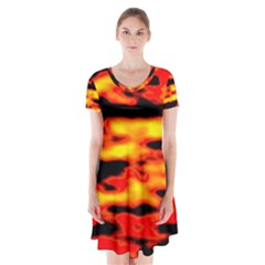 Red  Waves Abstract Series No17 Short Sleeve V-neck Flare Dress by DimitriosArt