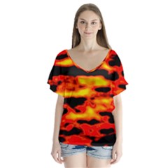 Red  Waves Abstract Series No17 V-neck Flutter Sleeve Top by DimitriosArt