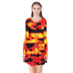 Red  Waves Abstract Series No17 Long Sleeve V-neck Flare Dress by DimitriosArt