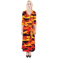 Red  Waves Abstract Series No17 Quarter Sleeve Wrap Maxi Dress by DimitriosArt