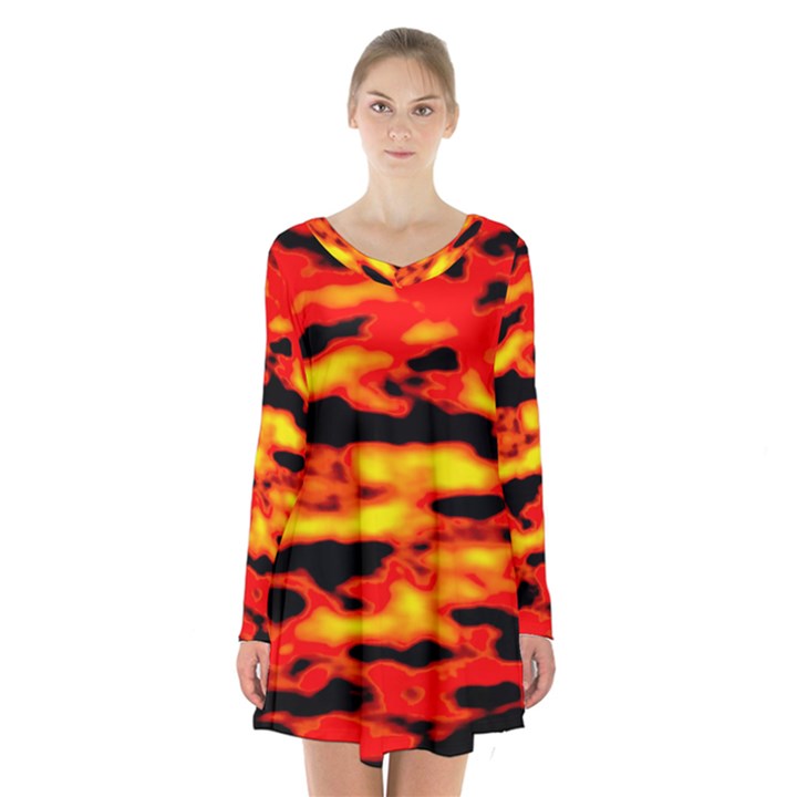 Red  Waves Abstract Series No17 Long Sleeve Velvet V-neck Dress