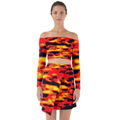 Red  Waves Abstract Series No17 Off Shoulder Top With Skirt Set by DimitriosArt