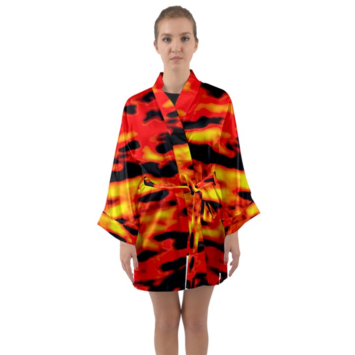 Red  Waves Abstract Series No17 Long Sleeve Satin Kimono