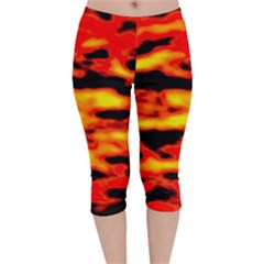 Red  Waves Abstract Series No17 Velvet Capri Leggings  by DimitriosArt