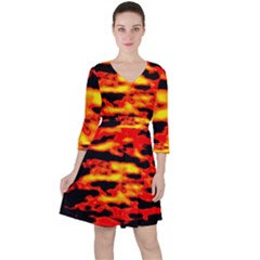 Red  Waves Abstract Series No17 Quarter Sleeve Ruffle Waist Dress by DimitriosArt