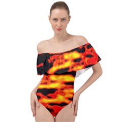 Red  Waves Abstract Series No17 Off Shoulder Velour Bodysuit  by DimitriosArt