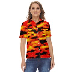 Red  Waves Abstract Series No17 Women s Short Sleeve Double Pocket Shirt