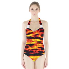 Red  Waves Abstract Series No18 Halter Swimsuit by DimitriosArt