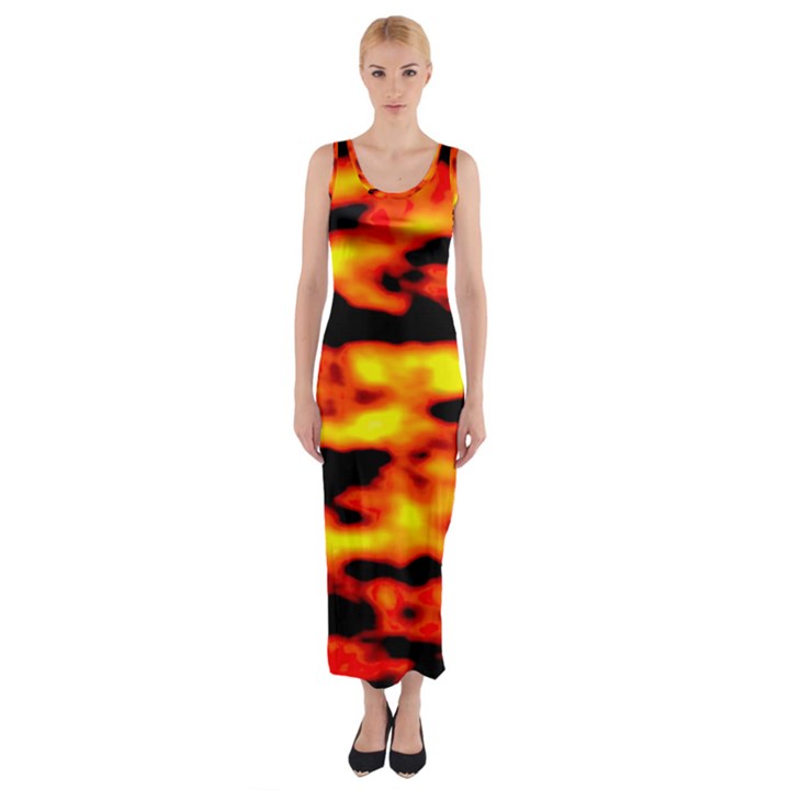 Red  Waves Abstract Series No18 Fitted Maxi Dress