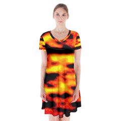 Red  Waves Abstract Series No18 Short Sleeve V-neck Flare Dress by DimitriosArt