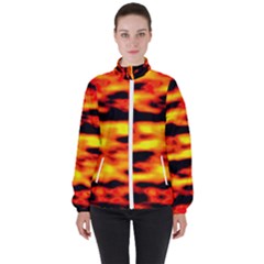 Red  Waves Abstract Series No18 Women s High Neck Windbreaker by DimitriosArt