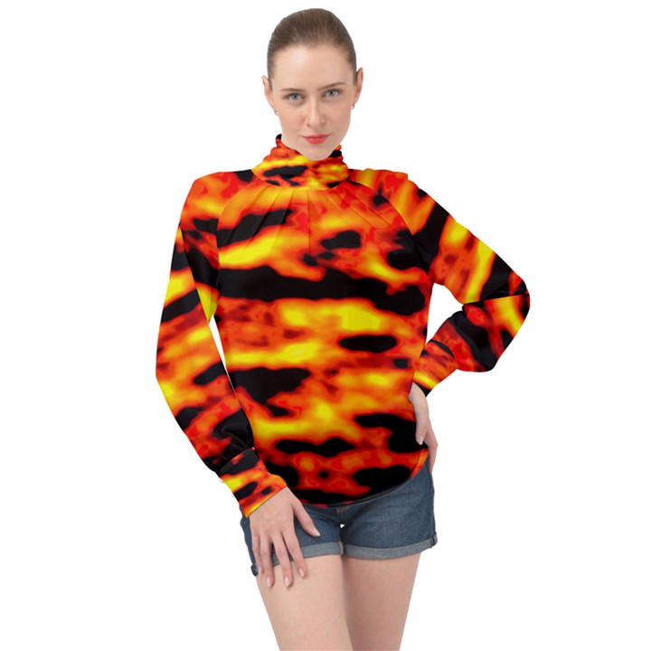 Red  Waves Abstract Series No18 High Neck Long Sleeve Chiffon Top