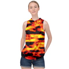 Red  Waves Abstract Series No18 High Neck Satin Top by DimitriosArt