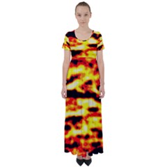 Red  Waves Abstract Series No19 High Waist Short Sleeve Maxi Dress by DimitriosArt