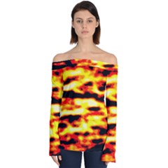 Red  Waves Abstract Series No19 Off Shoulder Long Sleeve Top by DimitriosArt