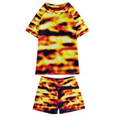 Red  Waves Abstract Series No19 Kids  Swim Tee And Shorts Set by DimitriosArt