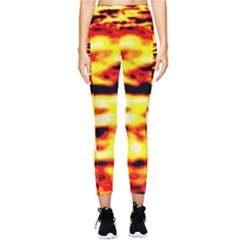 Red  Waves Abstract Series No19 Pocket Leggings  by DimitriosArt