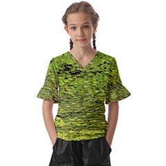 Green Waves Flow Series 1 Kids  V-neck Horn Sleeve Blouse by DimitriosArt