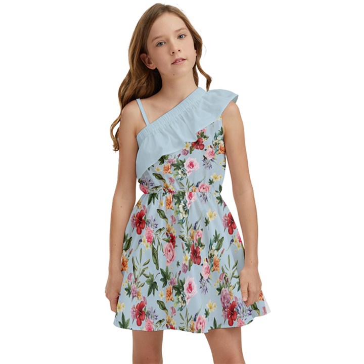 boho flower light blue Kids  One Shoulder Party Dress