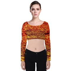 Red Waves Flow Series 2 Velvet Long Sleeve Crop Top by DimitriosArt