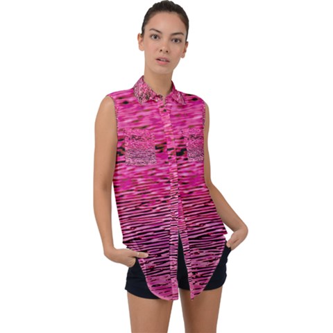 Pink  Waves Flow Series 1 Sleeveless Chiffon Button Shirt by DimitriosArt