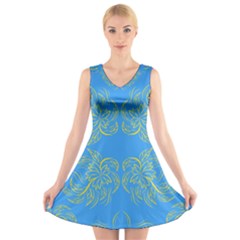 Floral Folk Damask Pattern Fantasy Flowers Floral Geometric Fantasy V-neck Sleeveless Dress by Eskimos