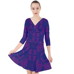 Floral Folk Damask Pattern Fantasy Flowers  Quarter Sleeve Front Wrap Dress by Eskimos