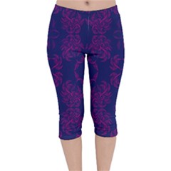 Floral Folk Damask Pattern Fantasy Flowers  Velvet Capri Leggings  by Eskimos