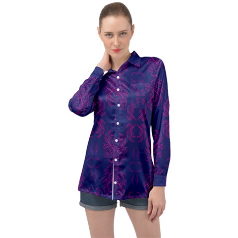 Floral Folk Damask Pattern Fantasy Flowers  Long Sleeve Satin Shirt by Eskimos