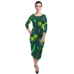 Folk Flowers Print Floral Pattern Ethnic Art Quarter Sleeve Midi Velour Bodycon Dress by Eskimos