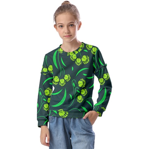 Folk Flowers Print Floral Pattern Ethnic Art Kids  Long Sleeve Tee With Frill  by Eskimos