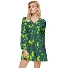 Folk Flowers Print Floral Pattern Ethnic Art Tiered Long Sleeve Mini Dress