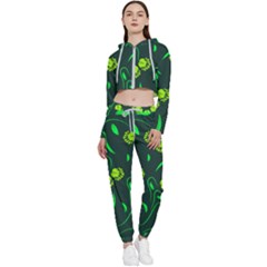 Folk Flowers Print Floral Pattern Ethnic Art Cropped Zip Up Lounge Set