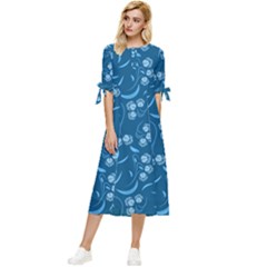 Folk Flowers Print Floral Pattern Ethnic Art Bow Sleeve Chiffon Midi Dress by Eskimos